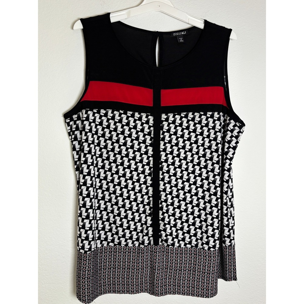 Roz & Ali Womens 1X Sleeveless Blouse Mixed Geometric Print Black Red Colorblock